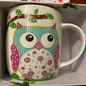 Burton + Burton Stitched Owl Porcelain Mug with Turquoise inside Set of four NIB